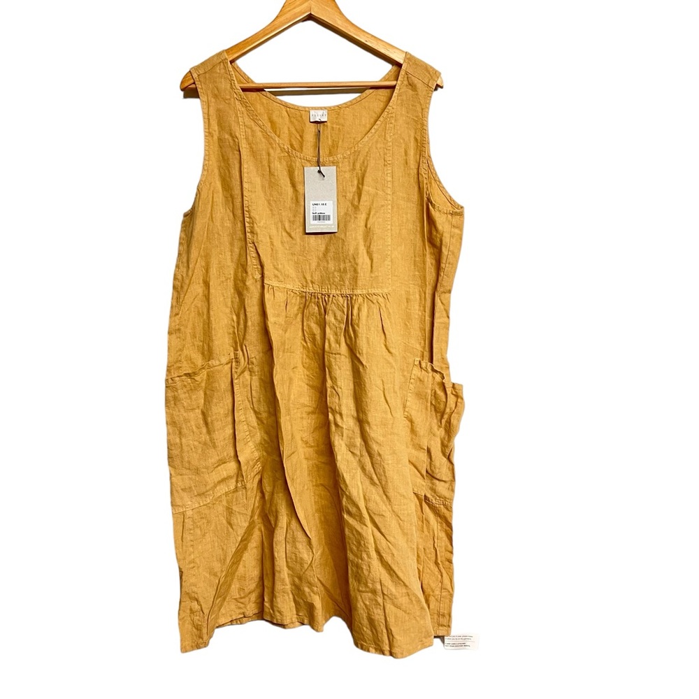 Mustard Sleeveless Linen Dress with Pockets
